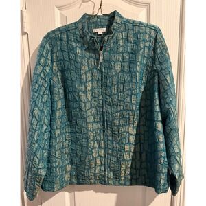 Erin Teal Blue Textured Full Zip Mock Neck Jacket Metallic Plus Size 1X